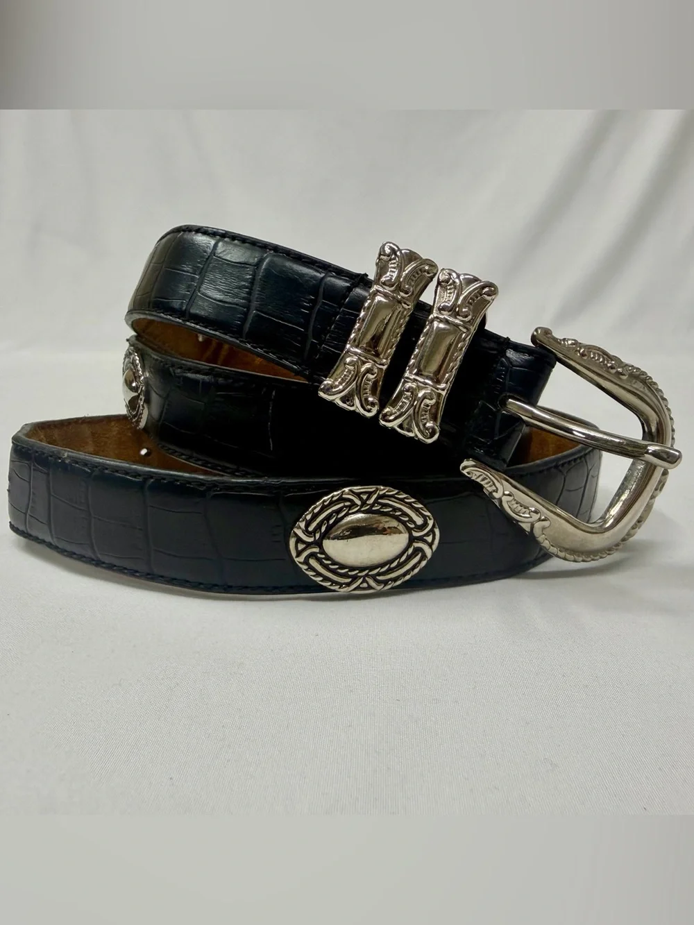 Black Croc Embossed Western Belt with Silver Conchos & Ornate Buckle